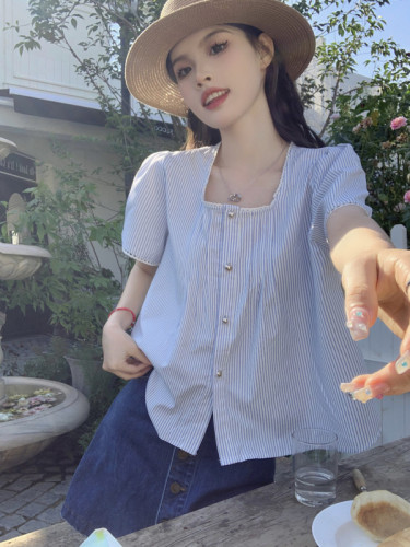 Actual shot and real price Korean style metal buckle square collar short style versatile shirt top