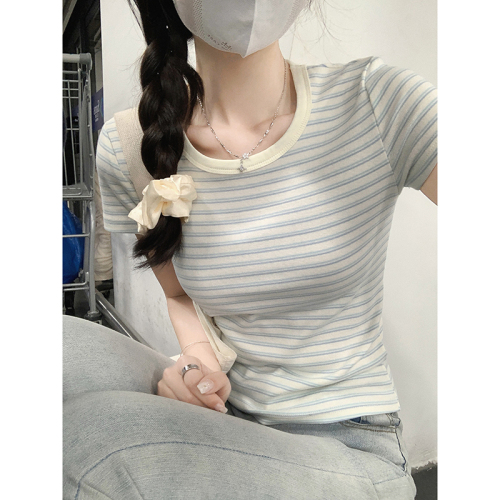 Real shot of blue striped right shoulder short-sleeved T-shirt for women spring and summer Korean style pure cotton slim short sweet hot girl top