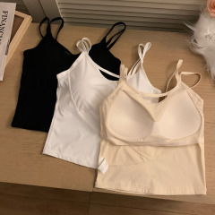 Real shots ~ Summer hot girl ice silk suspender design double shoulder strap vest slim and versatile top with breast pads