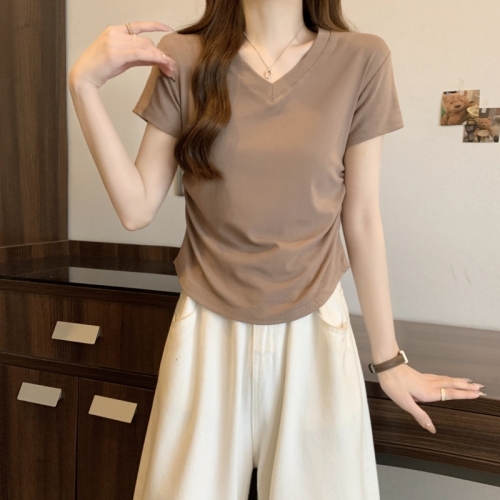 Real shot 40 count pure cotton 2024 summer V-neck solid color short-sleeved T-shirt for women with waist