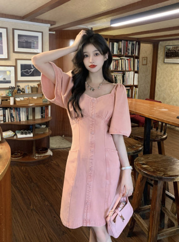 Actual shot and real price Korean style sweet style square collar pink denim skirt niche puff sleeve A-line dress
