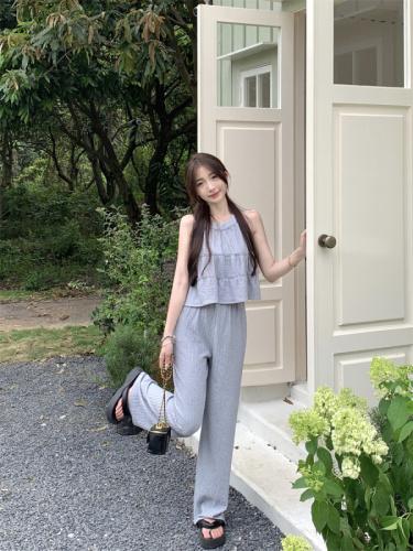 Real shot~Summer sweet age-reducing round neck sleeveless casual top + casual loose wide-leg trousers two-piece set