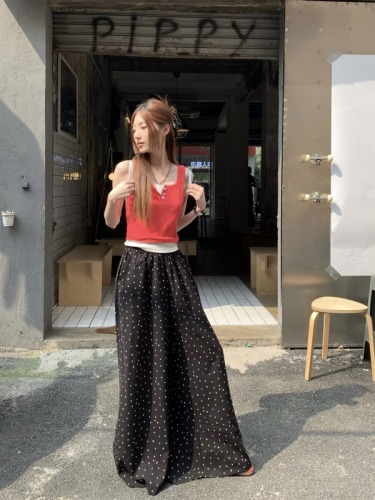Real shot!  Korean style slimming patchwork camisole + polka dot wide leg pants