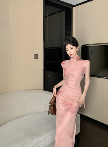 Improved cheongsam stand collar sleeveless romantic flower slim waist slit hip-covering bottoming long skirt