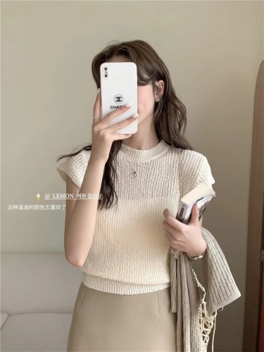 Multi-color series-Korean style small flying sleeves round neck short-sleeved sweater short slim fit versatile top for women