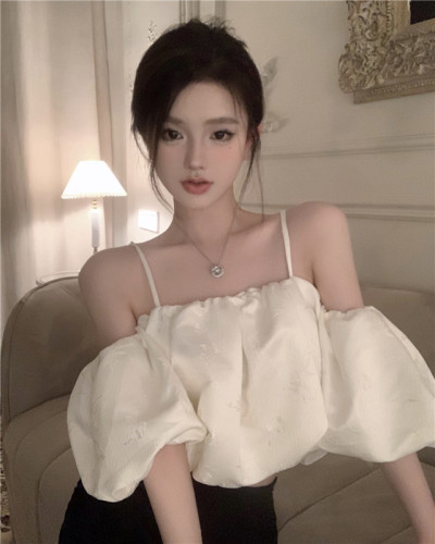 Actual shot and real price  new style jacquard fabric one-shoulder puff sleeve top