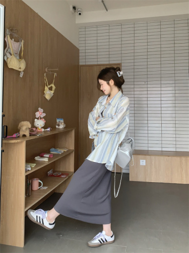 Real shot of striped sun protection thin shirt jacket + knitted suspender slim dress suit A 8859