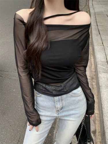 Real shot~Sexy hot girl mesh long-sleeved blouse for women, high-end slimming and slimming short off-shoulder top