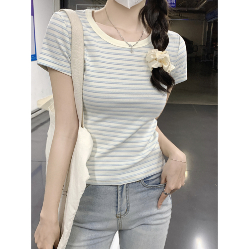Real shot of blue striped right shoulder short-sleeved T-shirt for women spring and summer Korean style pure cotton slim short sweet hot girl top