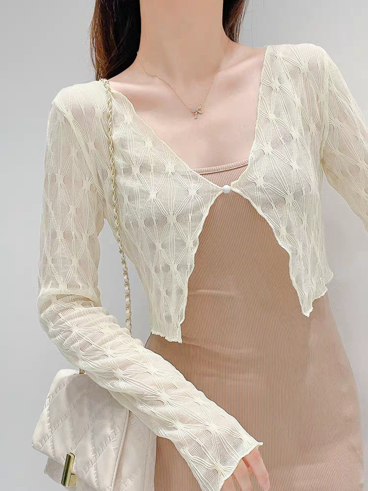 Summer v-neck lace shawl new women's short mesh sunscreen cardigan suspender skirt with long-sleeved thin blouse
