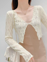 Summer v-neck lace shawl new women's short mesh sunscreen cardigan suspender skirt with long-sleeved thin blouse