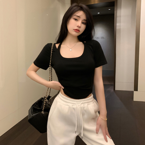 Real shot of pure desire clavicle T-shirt women's short-sleeved summer thin style slim high-waisted hot girl halter neck short ins top