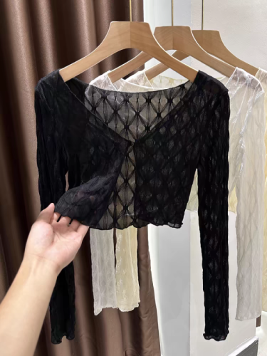 Summer v-neck lace shawl new women's short mesh sunscreen cardigan suspender skirt with long-sleeved thin blouse