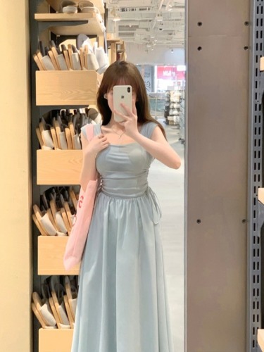 Actual shot of light blue French square neck strap minimalist high waist drawstring long dress