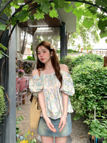 Real shot and real price. Floral leaky shoulder puff sleeve suspender shirt for women. Sweet and super fairy one shoulder chic short top.