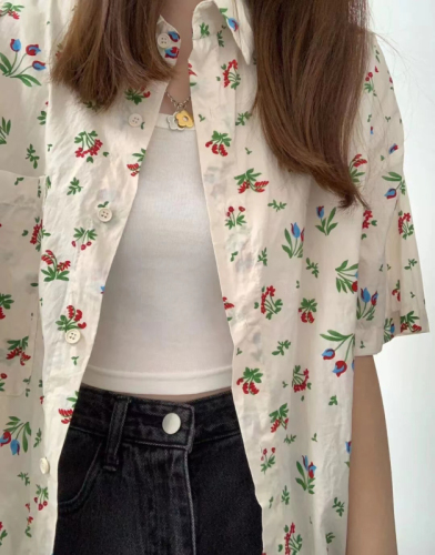 夏季新款日系高级感设计宽松百搭小碎花短袖衬衫