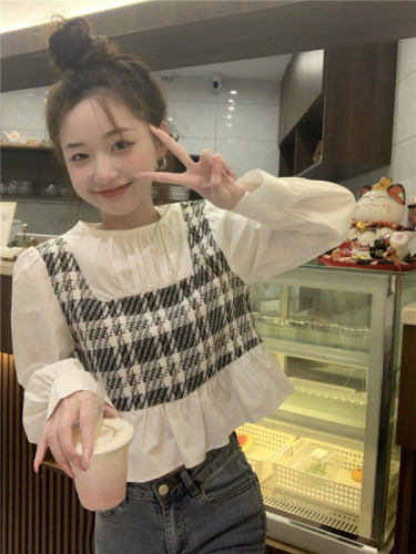 Korean style plaid vest fake two-piece splicing short temperament round neck shirt