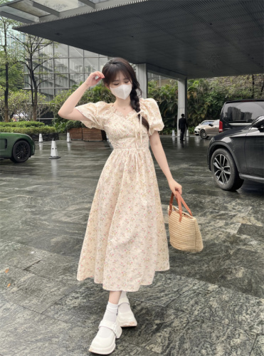 Real shot and real price French style waist-cinching puff sleeves floral waist-cinching pastoral style elastic sweet floral dress