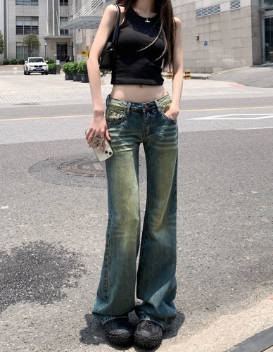 ~ Distressed yellow retro blue jeans women's design niche loose slimming straight pants