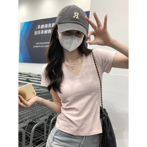 Real shot of solid color V-neck basic t-shirt spring and summer thin bamboo cotton loose right shoulder clavicle short top for women