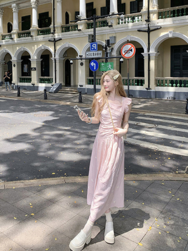 Pink embroidered ruffle dress 2024 spring and autumn new sweet temperament holiday style small flying sleeves long skirt for women