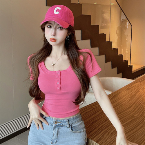 Actual shot of pure lust sweet and spicy style tight-fitting dragon fruit color short-sleeved T-shirt at real price