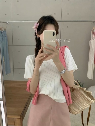 the lemon Korean style all-match solid color pit strip slim sweater women's summer casual ins slim short-sleeved top