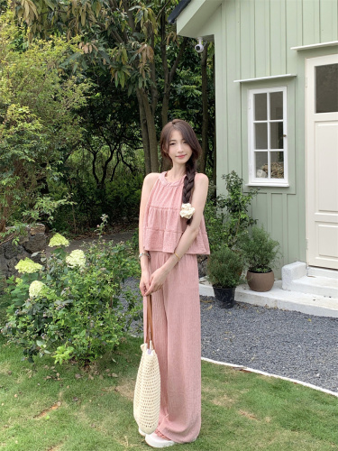 Real shot~Summer sweet age-reducing round neck sleeveless casual top + casual loose wide-leg trousers two-piece set