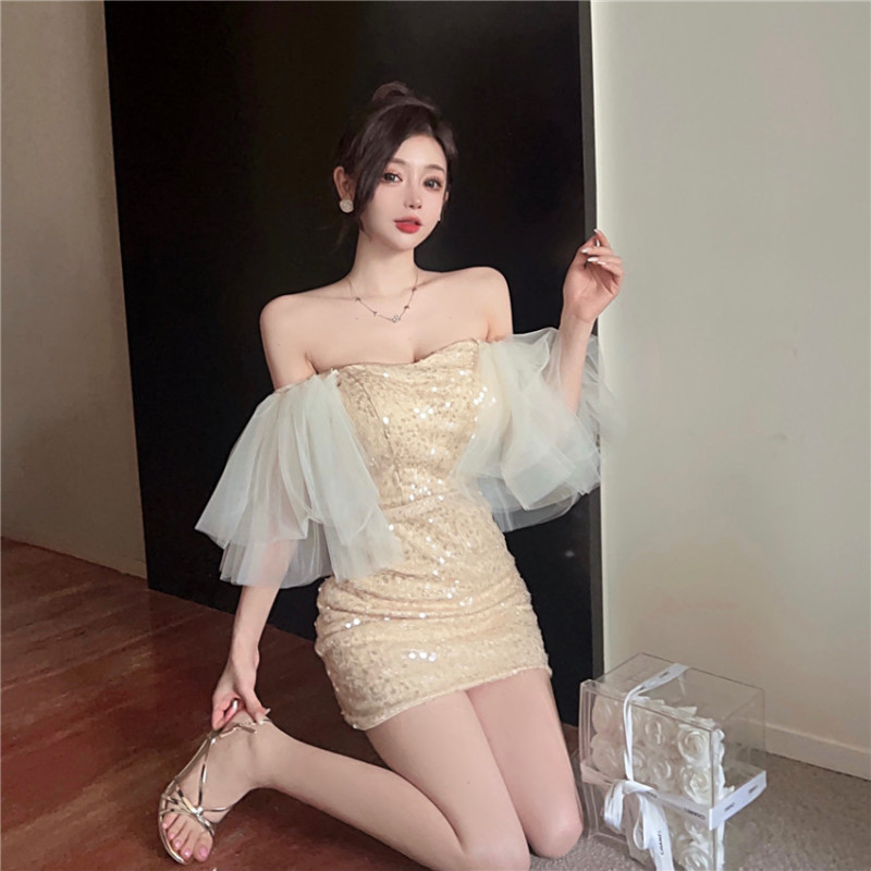 Real price mesh puff sleeve one shoulder sparkling sequin dress