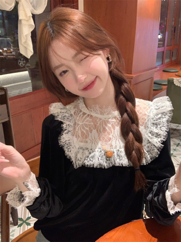 New autumn and winter French style high-end lace splicing long-sleeved shirt