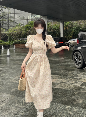 Real shot and real price French style waist-cinching puff sleeves floral waist-cinching pastoral style elastic sweet floral dress