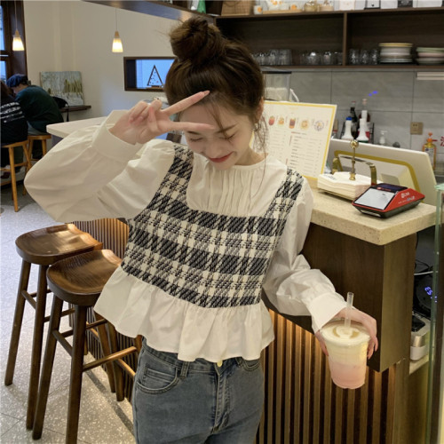 Korean style plaid vest fake two-piece splicing short temperament round neck shirt