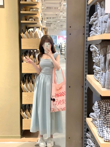 Actual shot of light blue French square neck strap minimalist high waist drawstring long dress