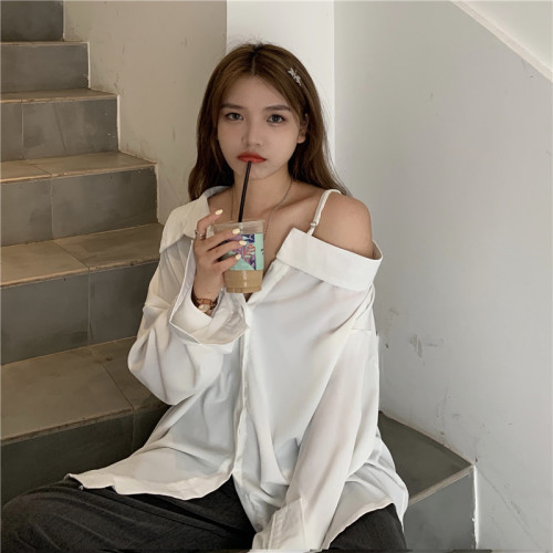 Actual shot Korean style chic solid color simple temperament design off-shoulder long-sleeved shirt for women