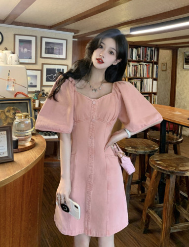 Actual shot and real price Korean style sweet style square collar pink denim skirt niche puff sleeve A-line dress
