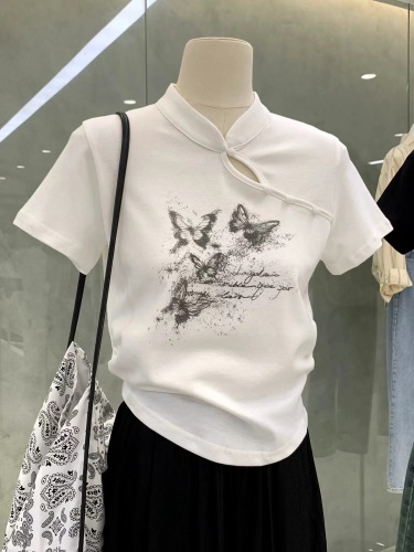 东方美学 新中式国风设计感蝴蝶印花短袖T恤正肩显瘦甜辣短款上衣