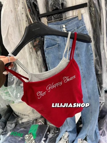 LiNa 2024夏季新款假两件背心吊带显瘦辣妹字母刺绣上衣女带胸垫
