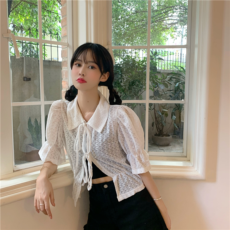 Actual shot and real price ~ Lace lace-up shirt for women 2020 loose and versatile lace-up hollow see-through trumpet sleeve shirt