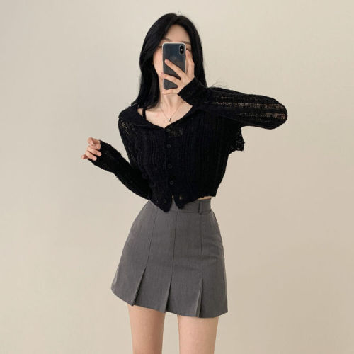 Large size navy collar ice silk knitted cardigan Hong Kong style slim pure desire solid color long-sleeved sun protection slim top
