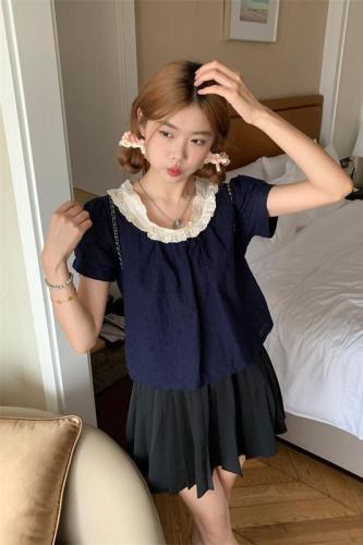 Real shot and real price Sweet lace contrast stitching navy blue white three-dimensional crochet shirt top