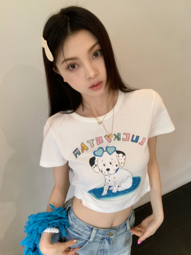 Real shot Casual and fun cute puppy print short-sleeved T-shirt summer new versatile top for women