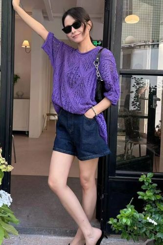 纯色镂空针织衫夏季新款韩版提花设计感紫色宽松休闲百搭半袖罩衫