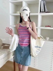 撞色條紋背心女無袖打底內搭修身新款短款氣質百搭辣妹美背上衣夏