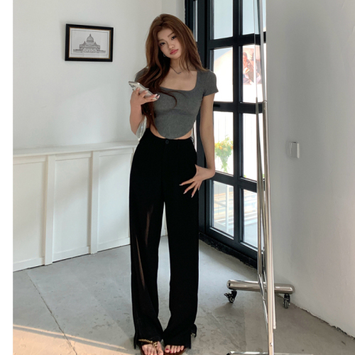 Actual shot of 2024 summer new versatile trousers JU slim high-waisted loose straight trousers casual trousers slit trousers for women