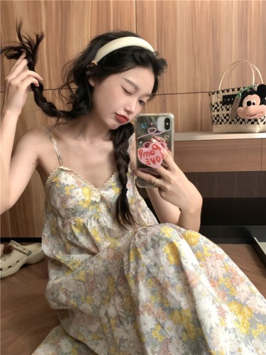 Real shot of Korean style Chinese style printed cotton comfortable and sweet lace suspender summer cool home wear dress