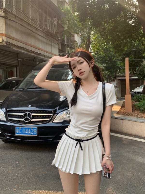 Actual shot and real price fashionable v-neck slimming side waist multi-color versatile short-sleeved T-shirt