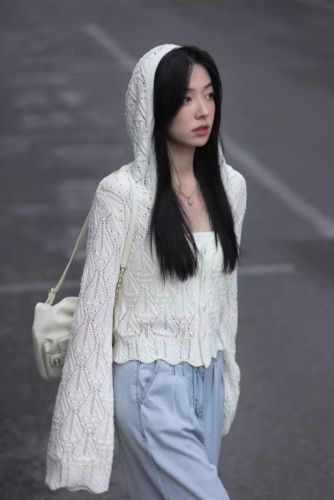 韩系薄款针织外套女夏季设计感连帽防晒开衫小众短款外搭罩衫上衣