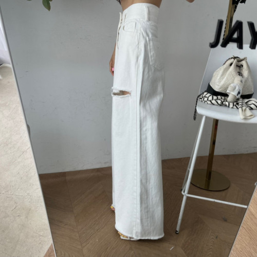 Xia Xin high-waist slim cut ripped two-button wide-leg denim trousers