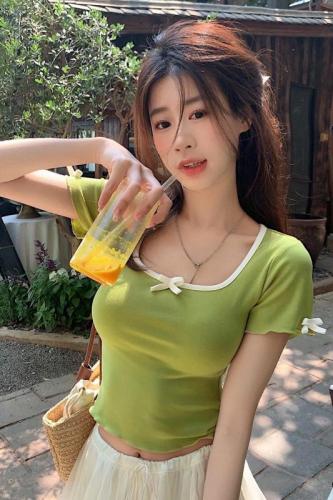 Actual shot and real price~Sweet cool style right shoulder slim fit pure lust style color matching bow top versatile T-shirt
