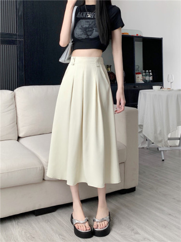 Real shot, real price, high-waisted simple pleated suit skirt, Korean style slimming A-line mid-length umbrella skirt